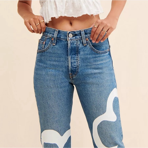 New Levi's 501 Crop high rise straight leg blue 100% cotton Floral print Jeans - Picture 5 of 10